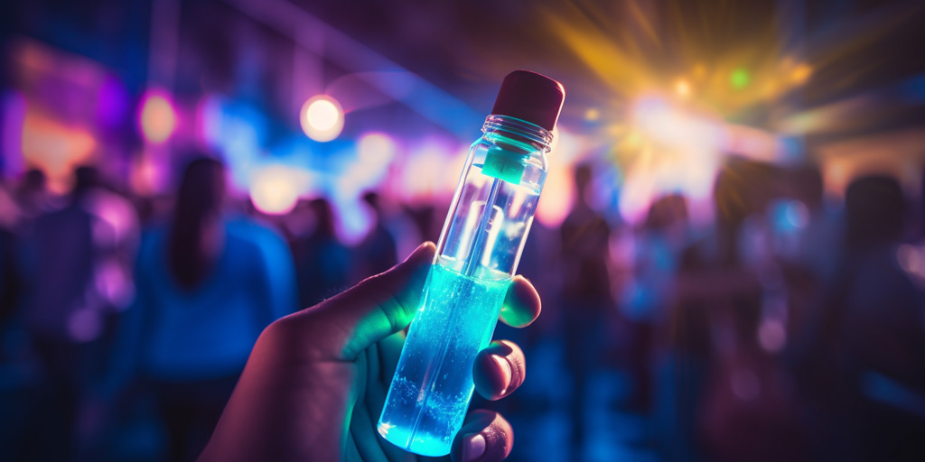 Bouteille avec un liquide bleu lors d'un festival